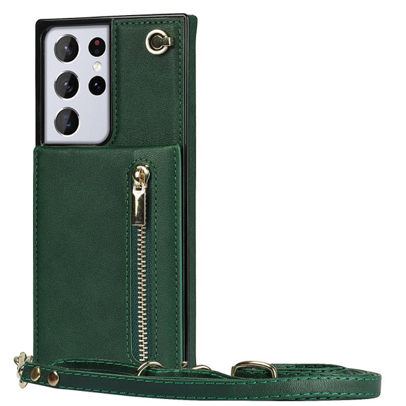 Samsung Galaxy S21 Ultra 5G Cross-body Zipper Square TPU+PU Back Cover Case with Holder & Card Slots & Wallet & Strap(Green)