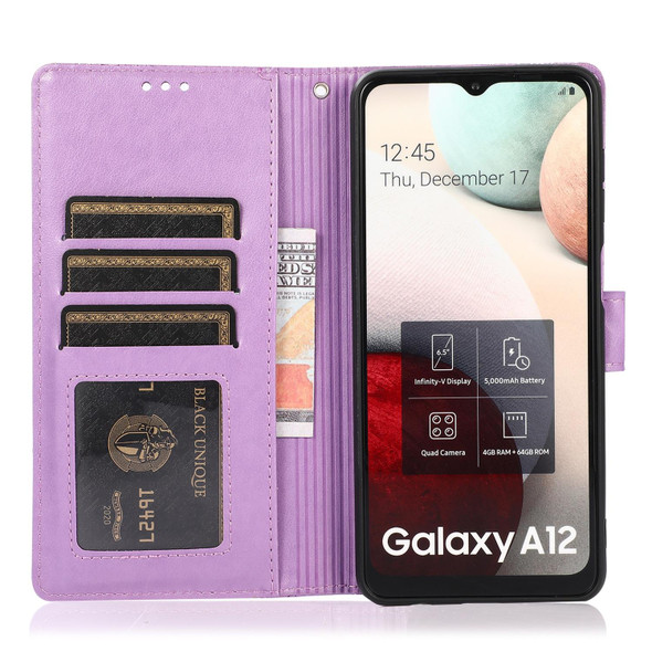 Samsung Galaxy A12 Skin Feel Embossed Sunflower Horizontal Flip Leather Case with Holder & Card Slots & Wallet & Lanyard(Purple)