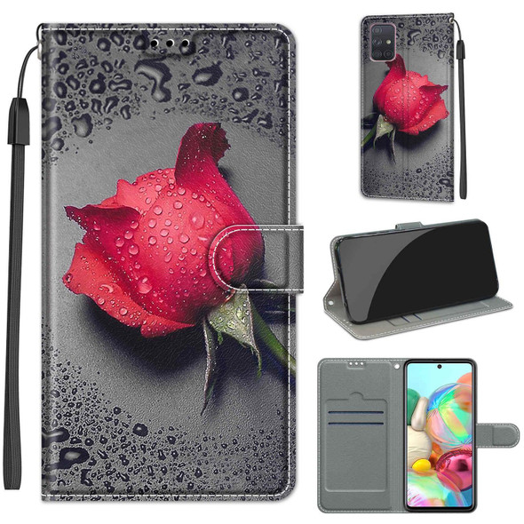 Samsung Galaxy A71 Voltage Colored Drawing Magnetic Clasp Horizontal Flip PU Leather Case with Holder & Card Slots(C14 Black Water Drop Rose)