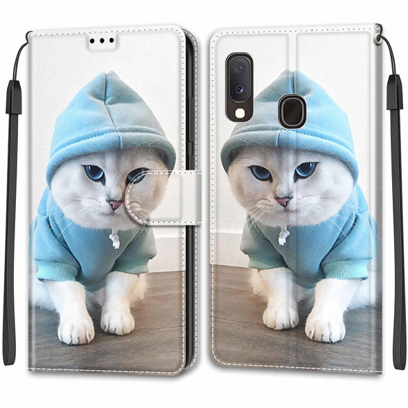 Samsung Galaxy A20e Voltage Colored Drawing Magnetic Clasp Horizontal Flip PU Leather Case with Holder & Card Slots(C15 Blue Sweater White Cat)