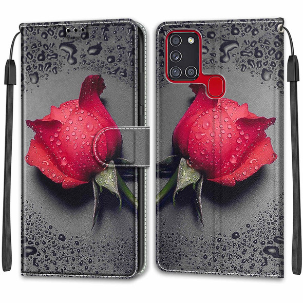 Samsung Galaxy A21s Voltage Colored Drawing Magnetic Clasp Horizontal Flip PU Leather Case with Holder & Card Slots(C14 Black Water Drop Rose)