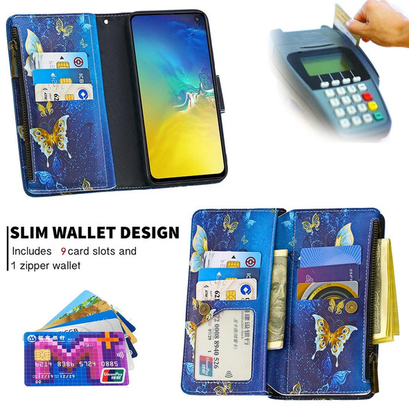 Samsung Galaxy S10e Colored Drawing Pattern Zipper Horizontal Flip Leather Case with Holder & Card Slots & Wallet(Gold Butterfly)