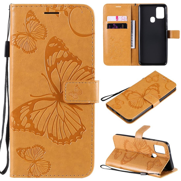 Samsung Galaxy A21s 3D Butterflies Embossing Pattern Horizontal Flip Leather Case with Holder & Card Slot & Wallet(Yellow)