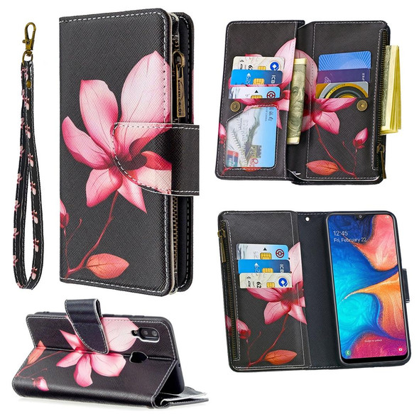 Samsung Galaxy A30 Colored Drawing Pattern Zipper Horizontal Flip Leather Case with Holder & Card Slots & Wallet(Lotus)