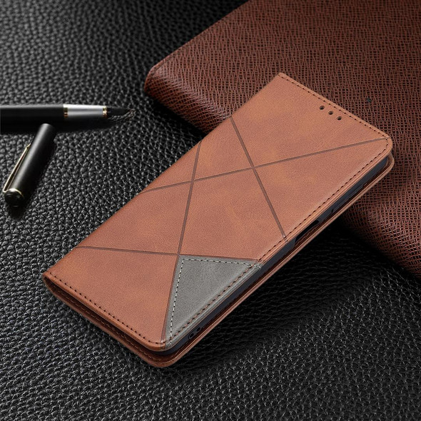 Samsung Galaxy M32 Rhombus Texture Horizontal Flip Magnetic Leather Case with Holder & Card Slots(Brown)