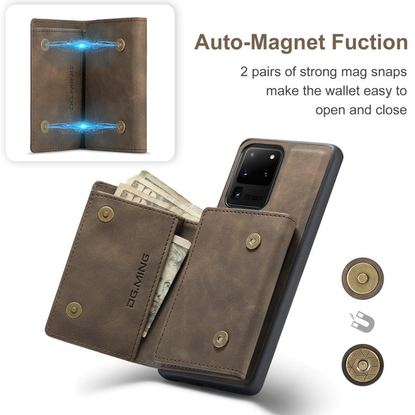 Samsung Galaxy S20 Ultra DG.MING M1 Series 3-Fold Multi Card Wallet + Magnetic Back Cover Shockproof Case with Holder Function(Coffee)