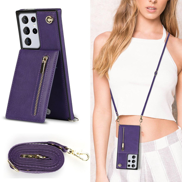 Samsung Galaxy S21 Ultra 5G Cross-body Zipper Square TPU+PU Back Cover Case with Holder & Card Slots & Wallet & Strap(Purple)