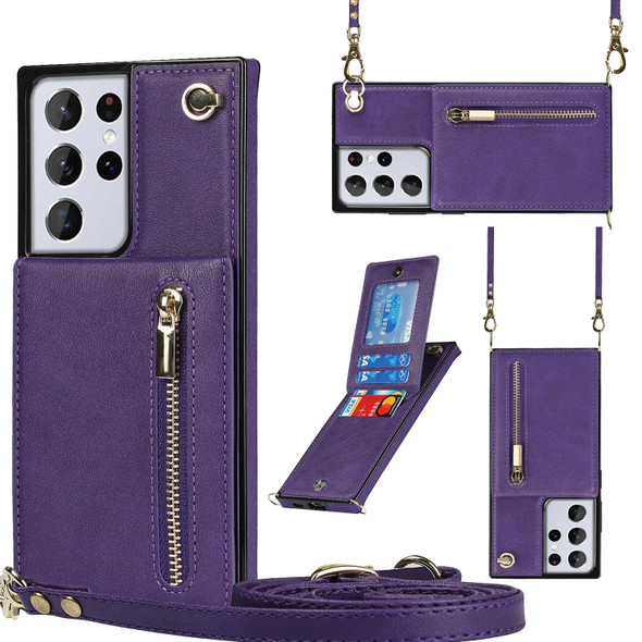 Samsung Galaxy S21 Ultra 5G Cross-body Zipper Square TPU+PU Back Cover Case with Holder & Card Slots & Wallet & Strap(Purple)