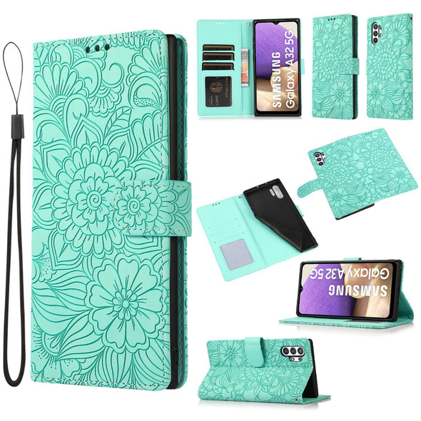 Samsung Galaxy A32 5G Skin Feel Embossed Sunflower Horizontal Flip Leather Case with Holder & Card Slots & Wallet & Lanyard(Green)