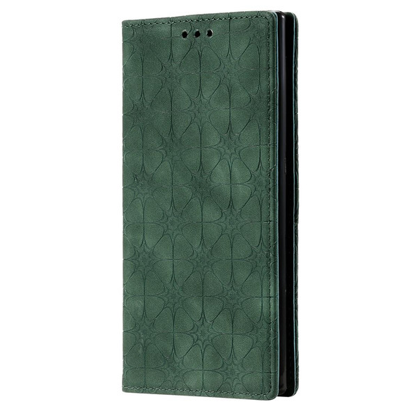 Galaxy Note 10 Lucky Flowers Embossing Pattern Magnetic Horizontal Flip Leather Case with Holder & Card Slots(Dark Green)