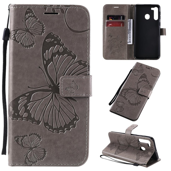 Galaxy A21 3D Butterflies Embossing Pattern Horizontal Flip Leather Case with Holder & Card Slot & Wallet & Lanyard(Grey)