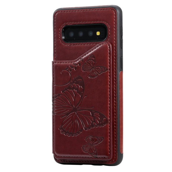 Galaxy S10 Butterfly Embossing Pattern Shockproof Protective Case with Holder & Card Slots & Photo Frame(Brown)