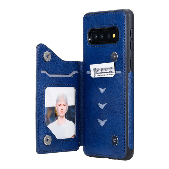 Galaxy S10 Cat Tree Embossing Pattern Shockproof Protective Case with Card Slots & Photo Frame & Holder(Blue)