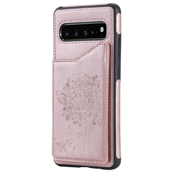 Galaxy S10 5G Cat Tree Embossing Pattern Shockproof Protective Case with Card Slots & Photo Frame & Holder(Rose Gold)