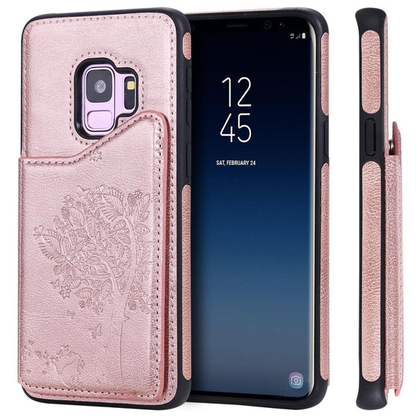 Galaxy S9 Cat Tree Embossing Pattern Shockproof Protective Case with Card Slots & Photo Frame & Holder(Rose Gold)