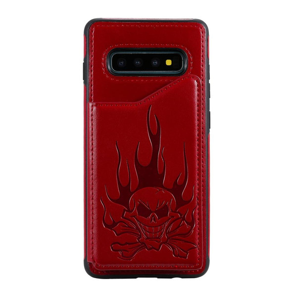 Galaxy S10+ Skull Head Embossing Pattern Shockproof Protective Case with Holder & Card Slots & Wallet(Red)