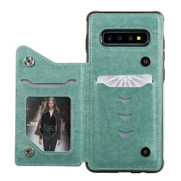 Galaxy S10+ Six Cats Embossing Pattern Protective Case with Holder & Card Slots & Photo Frame(Green)