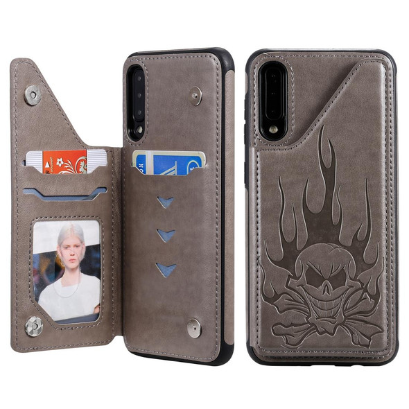 Galaxy A50 Skull Head Embossing Pattern Shockproof Protective Case with Holder & Card Slots & Wallet(Grey)