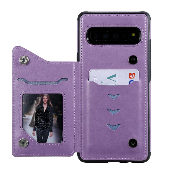 Galaxy S10 5G Six Cats Embossing Pattern Protective Case with Holder & Card Slots & Photo Frame(Purple)