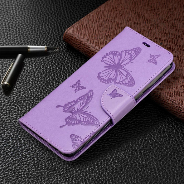 Galaxy A21 Two Butterflies Embossing Pattern Horizontal Flip Leather Case with Holder & Card Slot & Wallet & Lanyard(Purple)