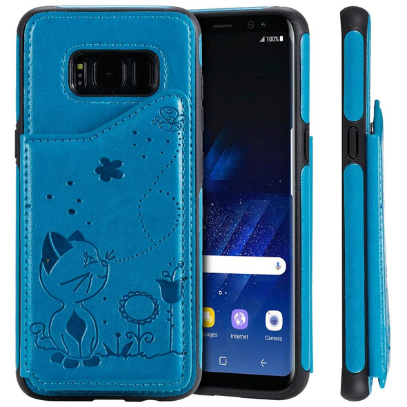 Galaxy S8 Cat Bee Embossing Pattern Shockproof Protective Case with Card Slots & Photo Frame(Blue)