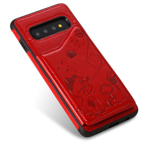 Galaxy S10 Cat Bee Embossing Pattern Shockproof Protective Case with Card Slots & Photo Frame(Red)