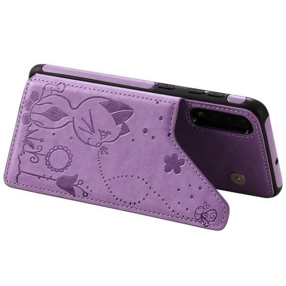 Galaxy A50 / A50s / A30s Cat Bee Embossing Pattern Shockproof Protective Case with Card Slots & Photo Frame(Purple)