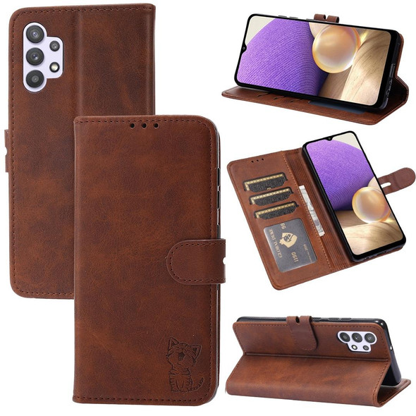 Samsung Galaxy A32 4G Embossed Happy Cat Pattern Horizontal Flip Leather Case with Holder & Card Slots & Wallet(Brown)