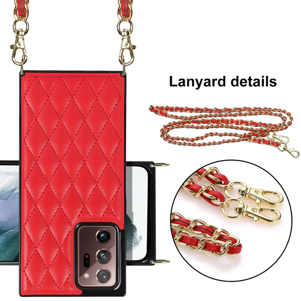 Samsung Galaxy Note20 Ultra Elegant Rhombic Pattern Microfiber Leather +TPU Shockproof Case with Crossbody Strap Chain(Red)