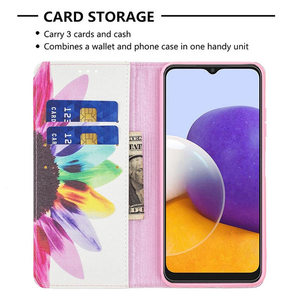 Samsung Galaxy A22 5G Colored Drawing Pattern Invisible Magnetic Horizontal Flip PU Leather Case with Holder & Card Slots & Wallet(Sun Flower)