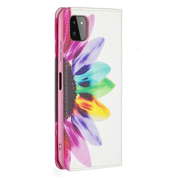 Samsung Galaxy A22 5G Colored Drawing Pattern Invisible Magnetic Horizontal Flip PU Leather Case with Holder & Card Slots & Wallet(Sun Flower)