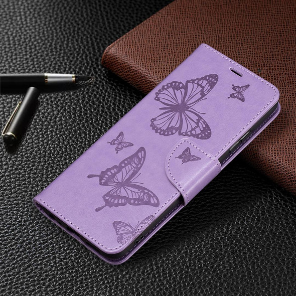 Samsung Galaxy A22 5G Embossing Two Butterflies Pattern Horizontal Flip PU Leather Case with Holder & Card Slot & Wallet & Lanyard(Purple)