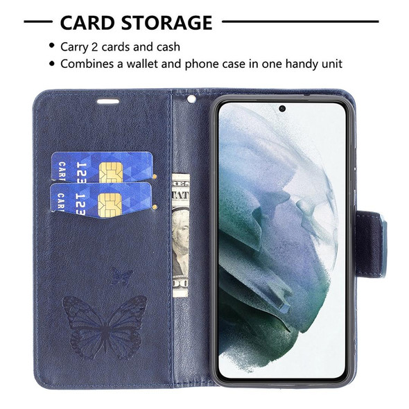 Samsung Galaxy S21 FE Embossing Two Butterflies Pattern Horizontal Flip PU Leather Case with Holder & Card Slot & Wallet & Lanyard(Dark Blue)