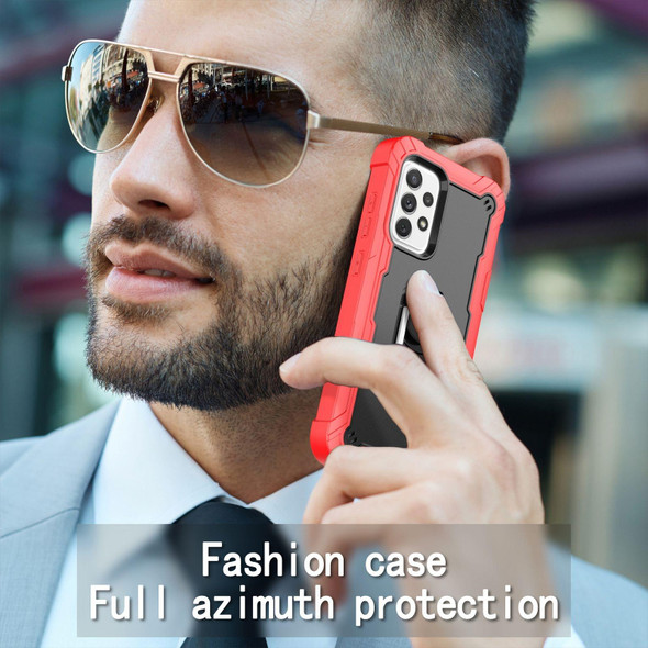 Samsung Galaxy A52 5G / 4G PC + Rubber 3-layers Shockproof Protective Case with Rotating Holder(Red + Black)