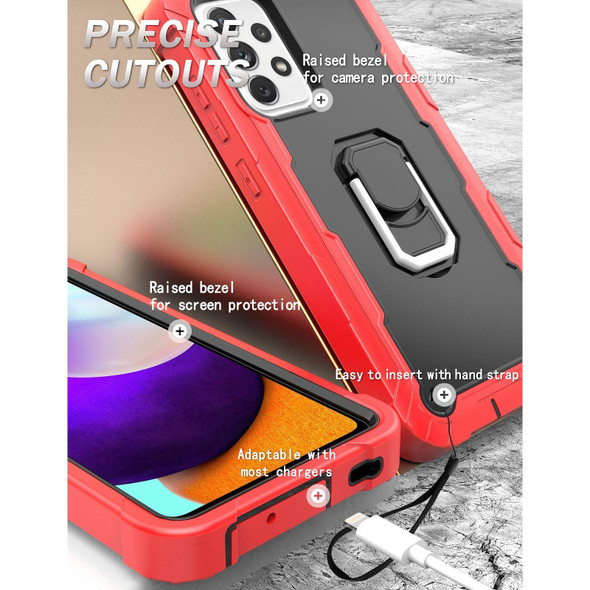 Samsung Galaxy A52 5G / 4G PC + Rubber 3-layers Shockproof Protective Case with Rotating Holder(Red + Black)