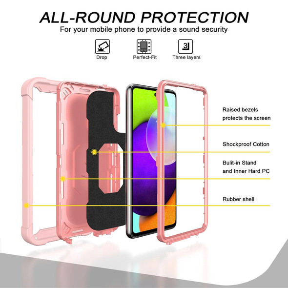 Samsung Galaxy A52 5G / 4G PC + Rubber 3-layers Shockproof Protective Case with Rotating Holder(Rose Gold)