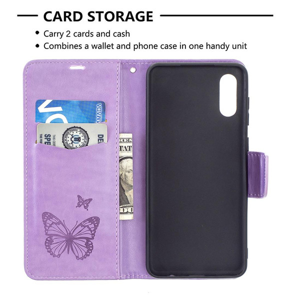 Samsung Galaxy A02 Embossing Two Butterflies Pattern Horizontal Flip PU Leather Case with Holder & Card Slot & Wallet & Lanyard(Purple)