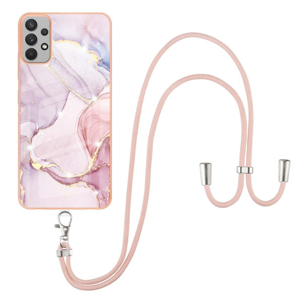 Samsung Galaxy A32 5G Electroplating Marble Pattern IMD TPU Shockproof Case with Neck Lanyard(Rose Gold 005)