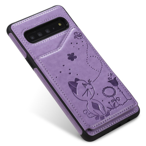 Galaxy S10 5G Cat Bee Embossing Pattern Shockproof Protective Case with Card Slots & Photo Frame(Purple)