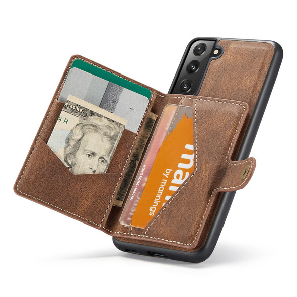 Samsung Galaxy S21 FE JEEHOOD Retro Magnetic Detachable Protective Case with Wallet & Card Slot & Holder(Brown)