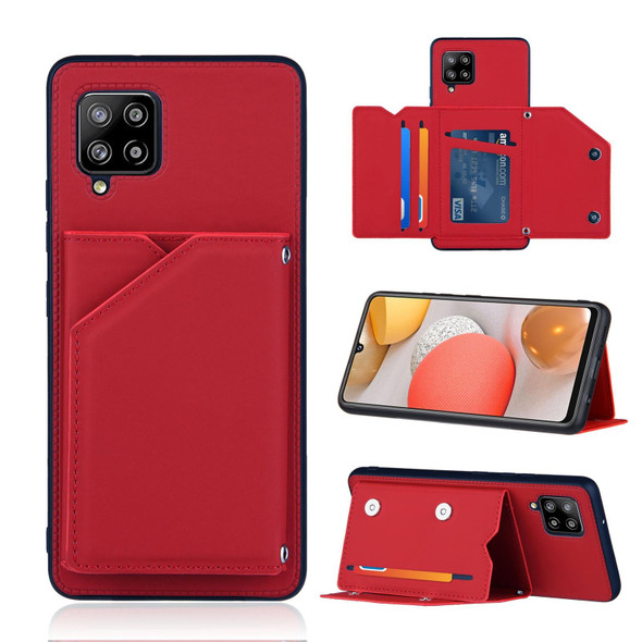 Samsung Galaxy A42 5G Skin Feel PU + TPU + PC Back Cover Shockproof Case with Card Slots & Holder & Photo Frame(Red)