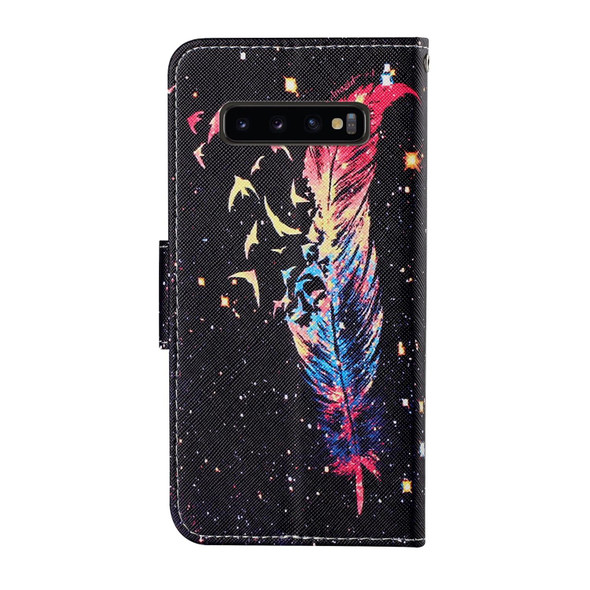 Samsung Galaxy S10+ Colored Drawing Pattern Horizontal Flip Leather Case with Holder & Card Slots & Wallet & Lanyard(Feather)