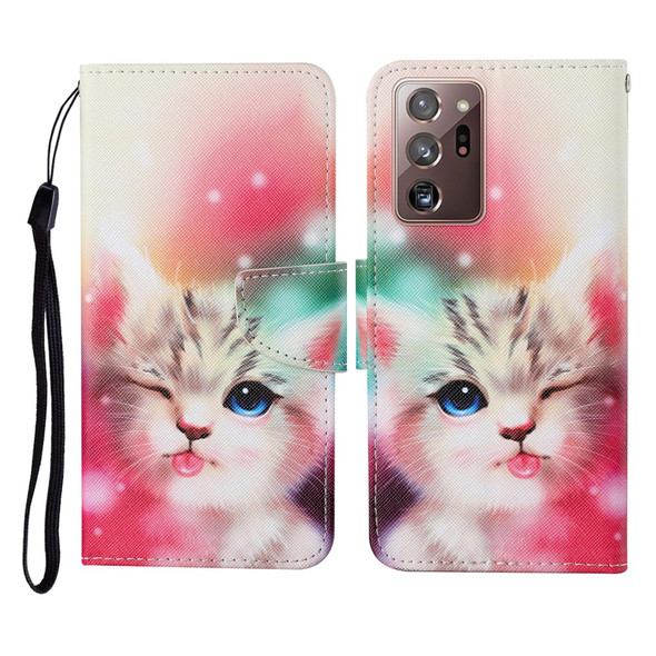 Samsung Galaxy Note20 Ultra Colored Drawing Pattern Horizontal Flip Leather Case with Holder & Card Slots & Wallet & Lanyard(Squint Cat)