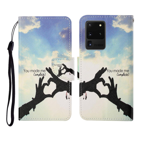 Samsung Galaxy S20 Ultra Colored Drawing Pattern Horizontal Flip Leather Case with Holder & Card Slots & Wallet & Lanyard(Love Gesture)