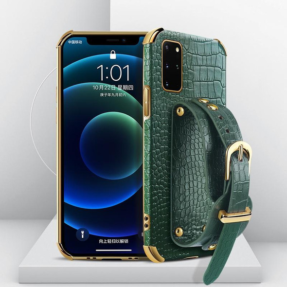 Electroplated TPU Crocodile Pattern Leatherette Case with Wrist Strap - Samsung Galaxy S20+(Green)