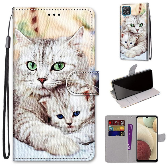 Samsung Galaxy A12 / M12 Coloured Drawing Cross Texture Horizontal Flip PU Leather Case with Holder & Card Slots & Wallet & Lanyard(Big Cat Holding Kitten)