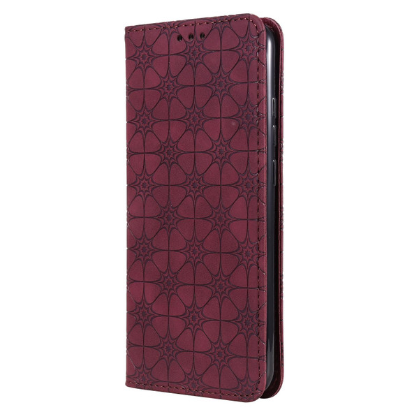 Samsung Galaxy A02s (EU Version) Lucky Flowers Embossing Pattern Magnetic Horizontal Flip Leather Case with Holder & Card Slots(Wine Red)