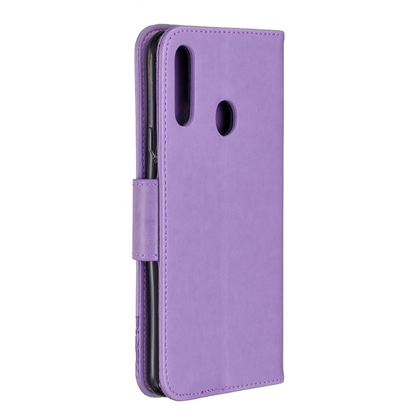 Galaxy A20s Two Butterflies Embossing Pattern Horizontal Flip Leather Case with Holder & Card Slot & Wallet & Lanyard(Purple)