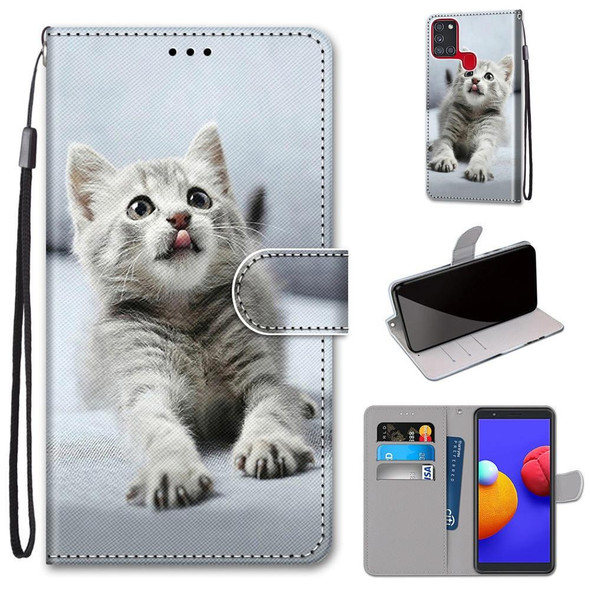 Samsung Galaxy A21s Coloured Drawing Cross Texture Horizontal Flip PU Leather Case with Holder & Card Slots & Wallet & Lanyard(Small Gray Cat)