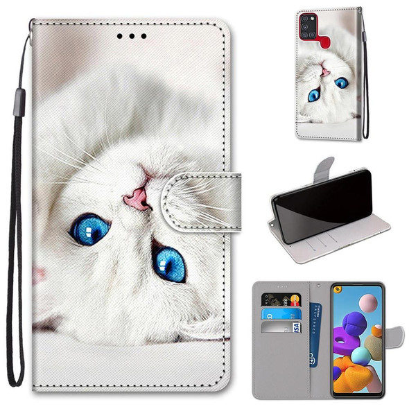 Samsung Galaxy A21s Coloured Drawing Cross Texture Horizontal Flip PU Leather Case with Holder & Card Slots & Wallet & Lanyard(White Kitten)